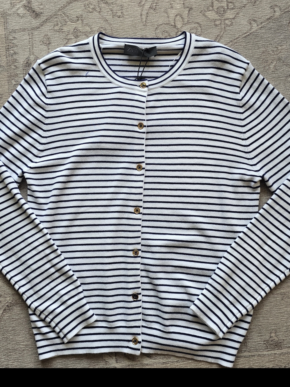 Zara White and Navy Striped Button-Front Cardigan, NWT